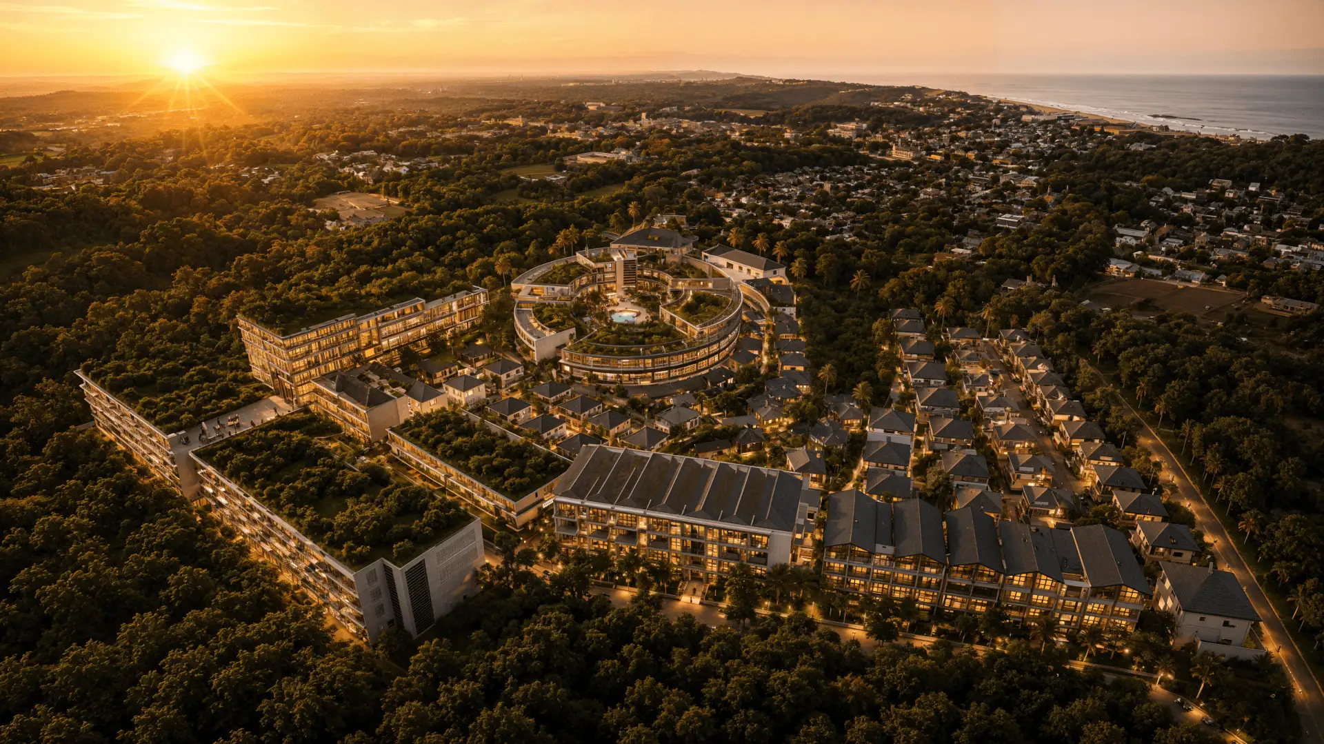 NAI by Vibe Development — aerial view of the resort complex at sunset